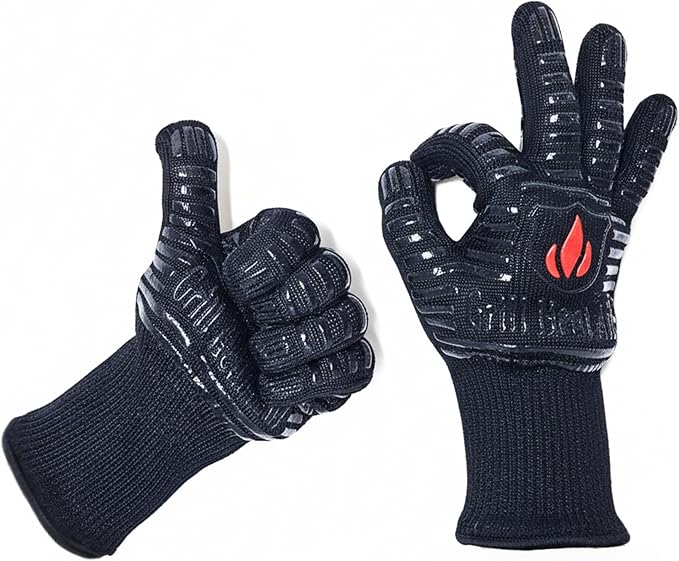 GRILL HEAT AID BBQ Grill Gloves 1472°F - Extreme Heat Resistant Oven Mitts for Grilling, Smoker & Fire Pit with Silicone Grip & EN407 Cut Resistance - Mid Cuff, Black
