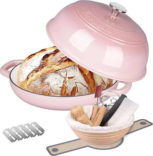 Enameled Cast Iron Dutch Oven Pot with Lid, Bread Oven for Sourdough Bread Baking, Dutch Ovens with Bread Proofing Basket& Baking Supplies Set, 6 Quart, Pink