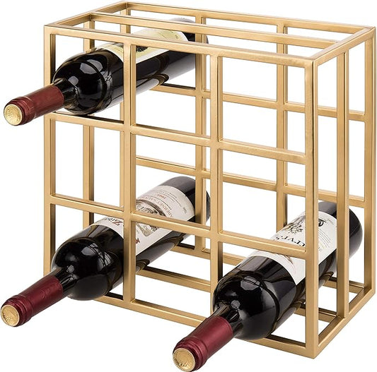 MyGif Brass Wine Rack for 9 Bottles - Modern Metal Tabletop Holder, Horizontal Storage for Kitchen, Bar & Dining Room - Rustic Industrial Decor with Gold Finish