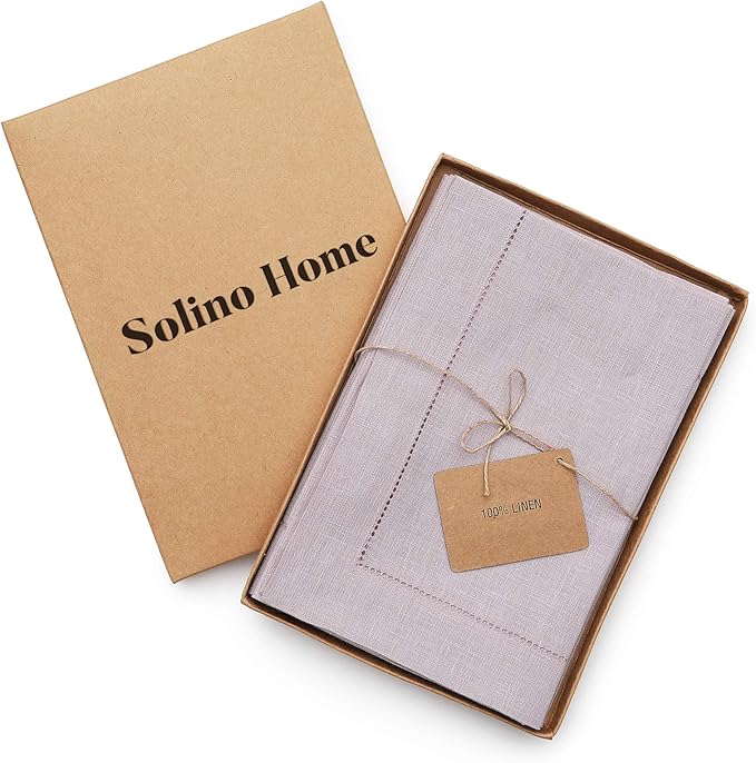 Solino Home Linen Napkins Set of 4 - Classic Hemstitch 100% Pure Linen Lilac Dinner Napkins Cloth 20 x 20 Inch - Handcrafted and Machine Washable