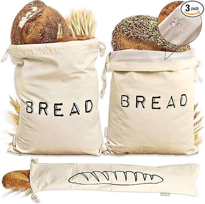 Leafico Reusable Bread Bags – 2 Cotton Storage Bags + 1 Baguette Bag with Food Safe TPU Liner – For Homemade Bread, Sourdough, Artisan Loaves – Freezer Safe & Washable Plastic Alternative