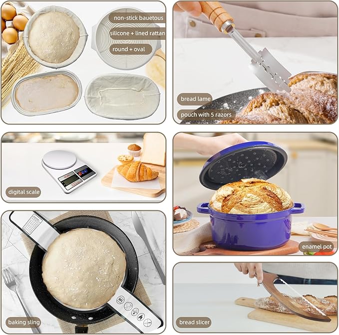 4 Color Complete sourdough bread makin Starter Kit,Sourdough Bread Baking Supplies for Beginner with Pot, Banneton Bread Proofing Baskets, Starter Jar, Scraper, Bread Making Tools & More (Blue)
