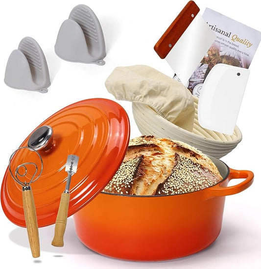 5QT Enameled Cast Iron Bread Oven with Proofing Basket for Bread Baking, Bread Making Supplies Tools,Heavy-Duty Cookware for Braising, Stews, Roasting, Bread Baking (Orange)