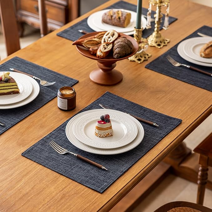 KXN Placemats Set of 4, Dual-Layer Thickened Faux Linen Table Mats, Heat Resistant & Wrinkle-Free, Machine Washable Cloth Place Mats for Kitchen Dining Indoor Outdoor (Dark Grey)