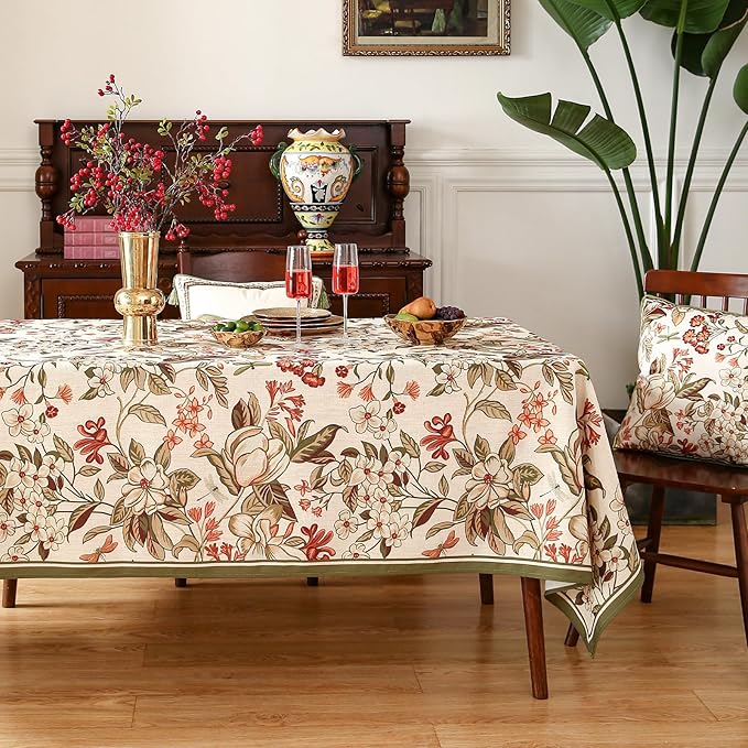 French Tablecloth for Rectangular Tables,Linen Table Cloth with Colorful Flowers Pattern,Heavy Durable Table Cover for Dining Thanksgiving Kitchen Decor Party Banquet Christmas,55"*79"