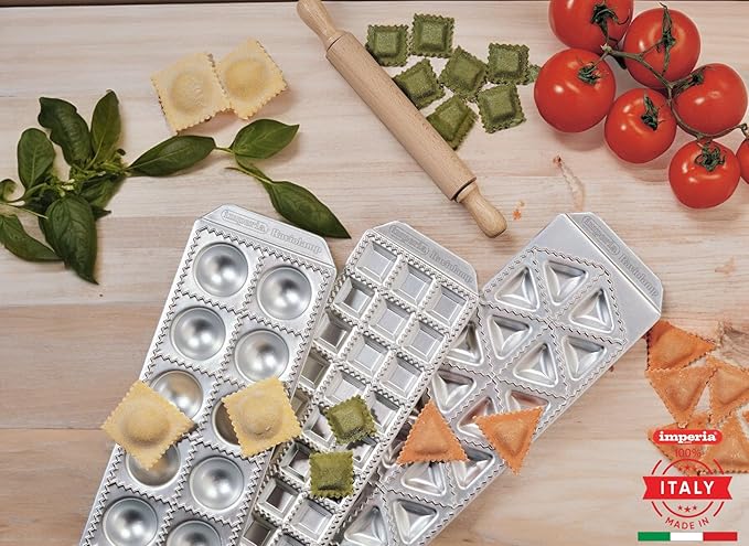 Imperia Ravioli Maker Set- Includes 3 Trays & Wooden Rolling Pin- Pasta Machine Accessory for Filled Ravioli- Durable Aluminum Construction- Press Makes 3 Different Shapes- Homemade Italian Cooking