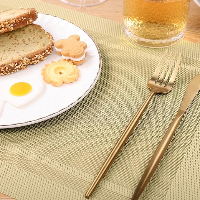 SHACOS Woven Vinyl Placemats Set of 6 Wipe Clean Place Mats for Dining Table Heat Resistant PVC Weave Table Mats Indoor Outdoor (6, Frame Beige)