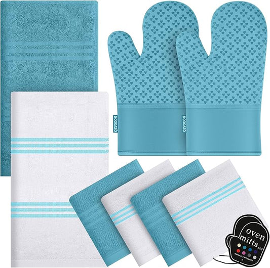 Dish Towels and Dishcloths with Oven Mitts Sets- 100% Cotton Tea Towels for Kitchen- 500 F Heat Resistant Oven Mittens 7.5"x12", Durable Dish Cloths 11.8"x11.8", Absorbent Dish Towels 13.5"x24"