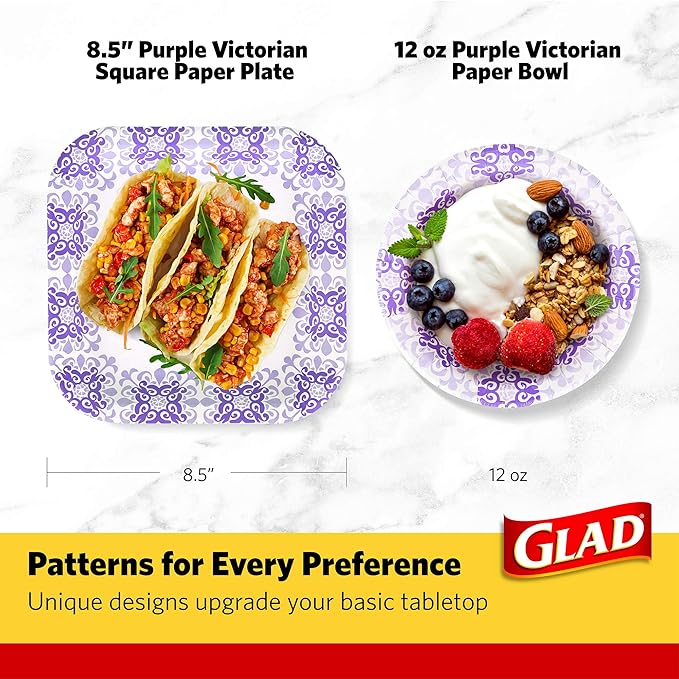 Glad Square Disposable Paper Plates for All Occasions | Soak Proof, Cut Proof, Microwaveable Heavy Duty Disposable Plates | 8.5" Diameter, 50 Count Bulk Paper Plates