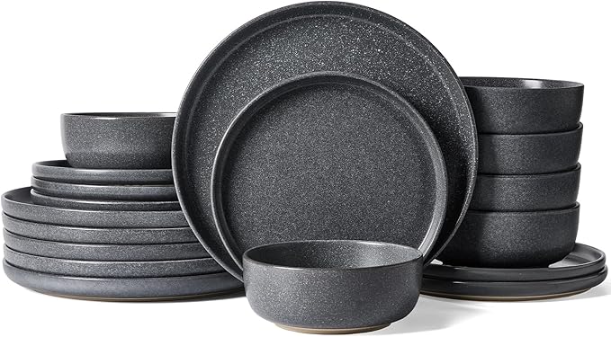 Famiware Milkyway Plates and Bowls Sets, 18 Pieces Dinnerware Sets, Reactive Glaze Dish Set, Stoneware Dishes Set for 6, Matte Dark Charcoal