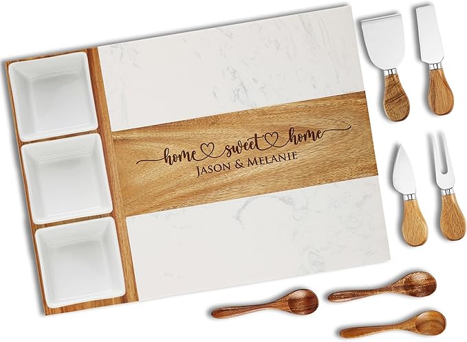 Personalized Housewarming Gift for New Home, Marble Wood Charcuterie Board, Custom Laser Engraved Cheese Serving Board, Realtor Closing Gift, New Apartment First Home Gift For Newlywed Couple, Friends