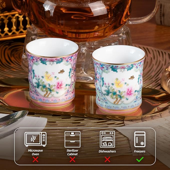 KAMMAK Tea Cups Set of 2, 3.53 Mini Ceramic & Porcelain Tea Mugs - Handleless Vintage, Non-Toxic Handcrafted Cups for Juice, Coffee, Gift(Pink + Lake Blue)