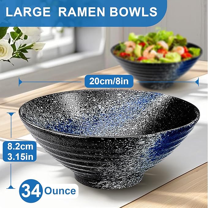 8-Inch Ceramic Ramen Bowl Set of 4 (17 Piece) - Porcelain Japanese Salad Noodles Cereal Fruit Pasta Soup Large Bowls with Recipes Chopsticks Forks Spoons for Men Women Gift Microwave Dishwasher Safe