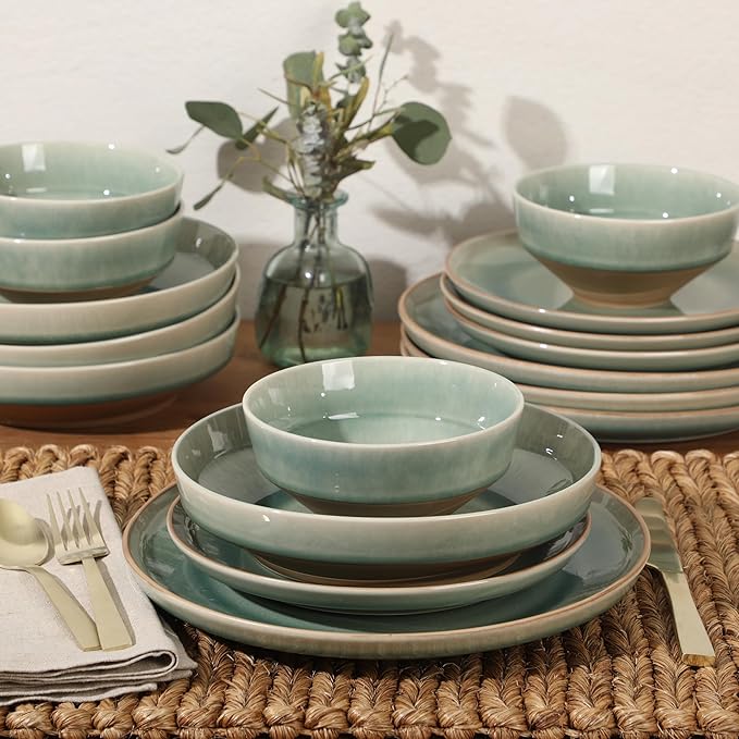 Gibson Elite Hailstone 16 Piece Stoneware Reactive Glaze (Service for 4) Ceramic Plates and Bowls Dinnerware Set - Tropical Green