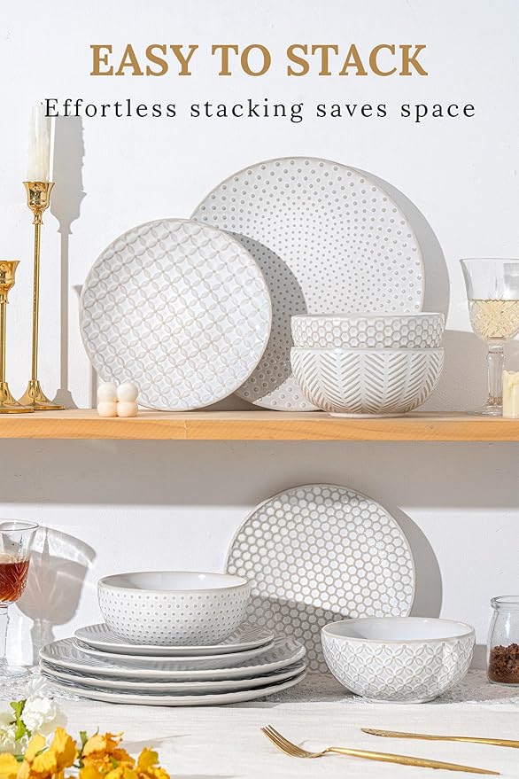 24 Piece Dinnerware Sets for 8, Premium Stoneware Plates and Bowls Sets, Microwave & Dishwasher Safe, Elegant Dishes for Entertaining & Special Occasions – A Stunning Gift for Large Families