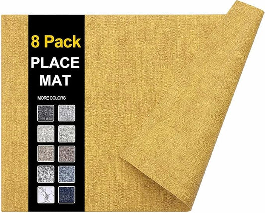 homing Faux Leather Heat Resistant Placemats 8 Packs, Waterproof Wipeable Dining PU Place Mats for Indoor & Outdoor, Easy to Clean, Yellow