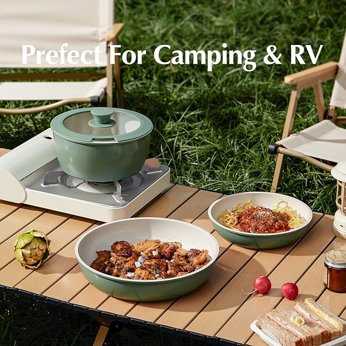 Redchef Pots and Pans Set Non Stick, Ceramic Cookware Set, Stackable Pots Pans, Non Toxic, PFAS/PFOA/PTFE Free, Induction Kitchen Cooking Set with Removable Handles, Dishwasher Safe, Green