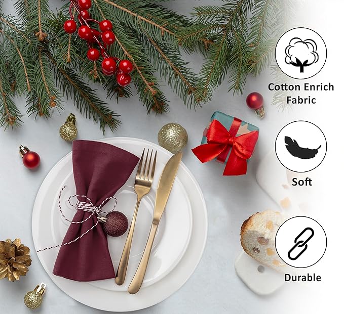 Ruvanti Cloth Napkins Set of 4, 18x18 Inches Napkins Cloth Washable, Soft, Durable, Absorbent, Cotton Blend. Table Dinner Napkins Cloth for Hotel, Lunch, Restaurant, Wedding Parties - Burgundy