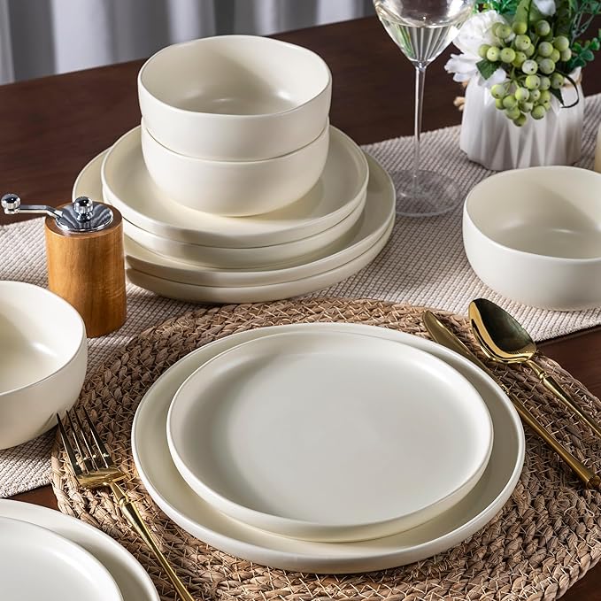 AmorArc Stoneware Dinnerware Sets, Wavy Rim Ceramic Plates and Bowls Sets, Highly Chip and Crack Resistant | Dishwasher & Microwave & Oven Safe Dishes set, Service for 8 (24pc)