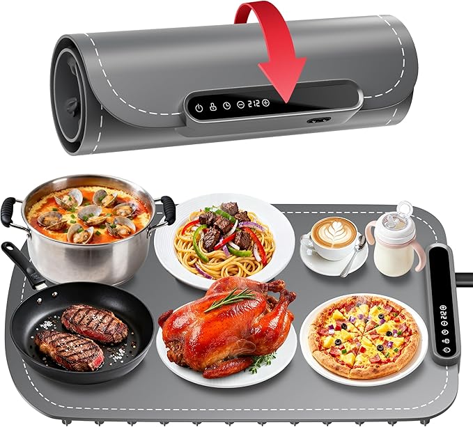 Warming Mat for Food, Upgraded Fast-Heating Electric Warming Tray with 7 Temp Levels & 8 Timers, Buffet Raised Feet & Rollable Silicone Heat Pad, Portable Food Warmer for Home, Party & Travel