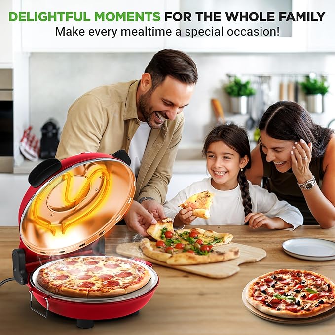 NutriChef Electric Pizza Oven | 1200W Countertop Pizza Maker with Temperature Control & Thermometer | Viewing Window for Precise Cooking | Heats up to 800˚F | Easy to Clean Non-Stick Coating | Red