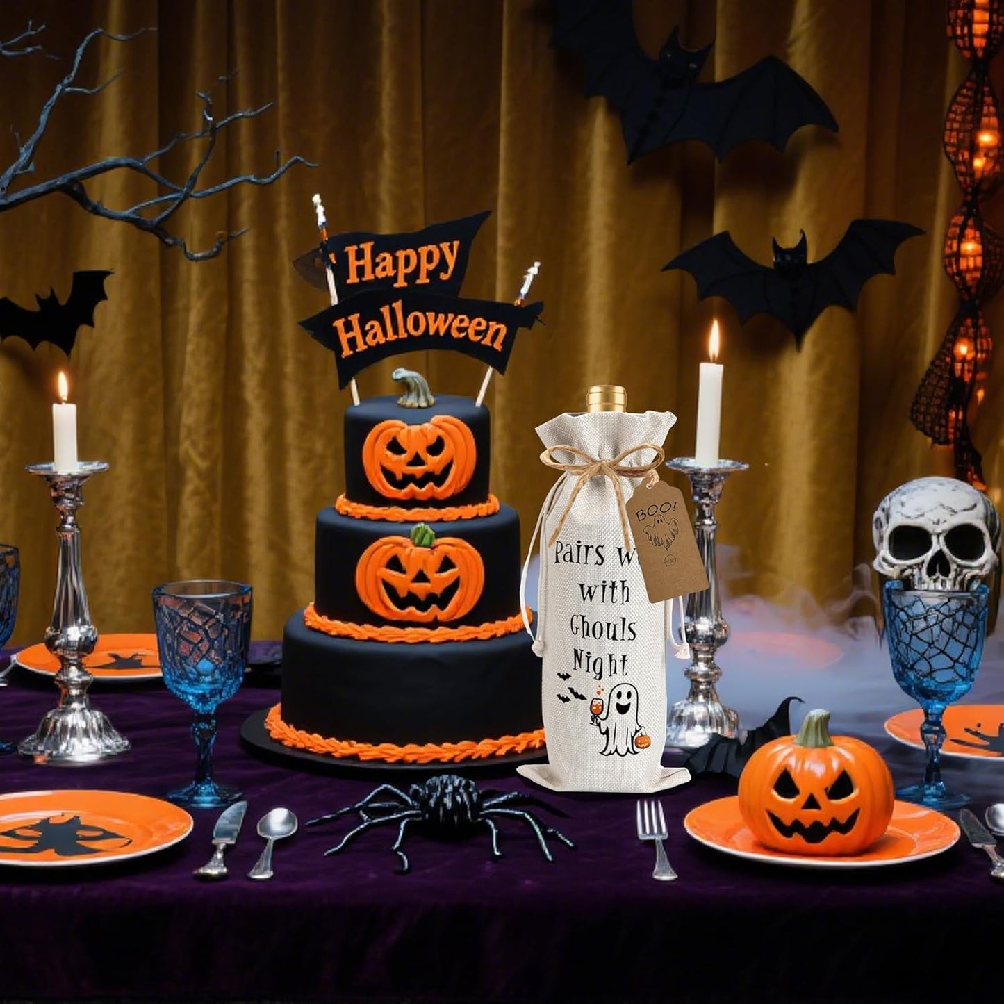 1Pcs Ghouls Night Gifts Wine Bag,Halloween Wine Bag,Happy Halloween Gifts Party Decorations for Women Menwith 1Pcs Kraft Blessing Cards and natural jute rope