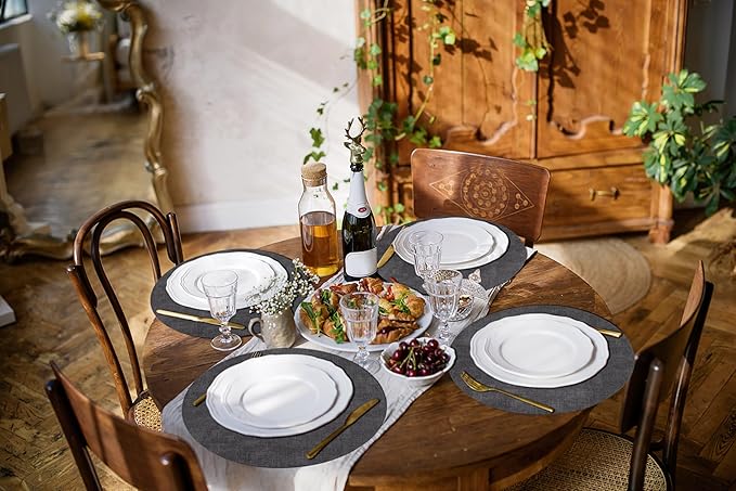 homing Round Faux Leather Placemat and Coaster 8 Packs, Washable Heat Resistant Dining Place Mats, Wipeable Double-Sided Table Mats for Indoor and Outdoor, Diameter 13 and 3.93 inch, Charcoal