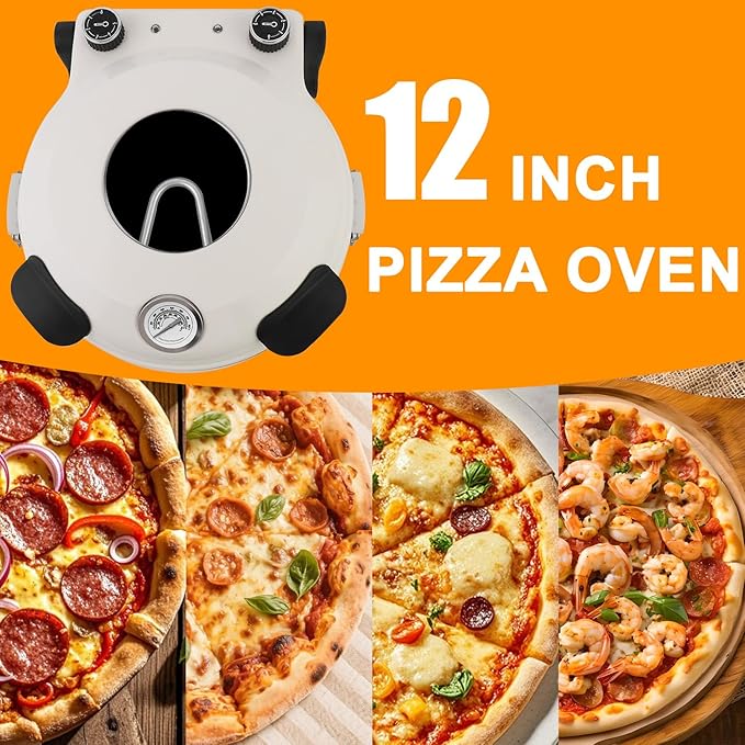 Pizza Oven Indoor, 12 Inch Retro Pizza Maker, Rapid Heating 800˚F, 1200W Glazed Ceramic Stone Electric Pizza Cooker, Two-button Precise Temperature Control, Viewing Window for Precise Cooking