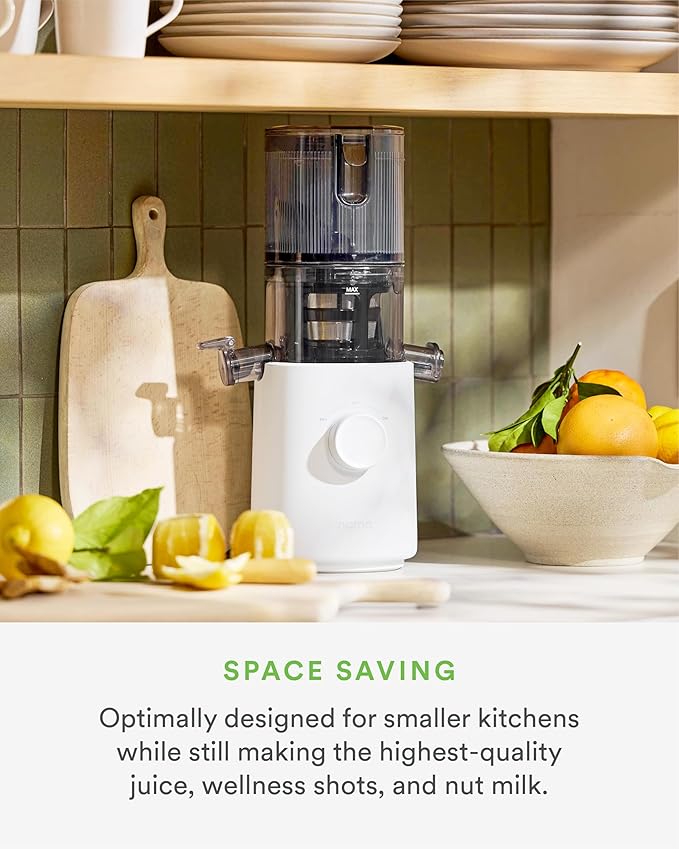 Nama J3 Compact Cold Press Juicer – Space Saving & Self Feeding for Hands-Free Operation – Lightweight, Portable Zero Waste Slow Masticating Juicer – Easy Cleanup & Assembly - White