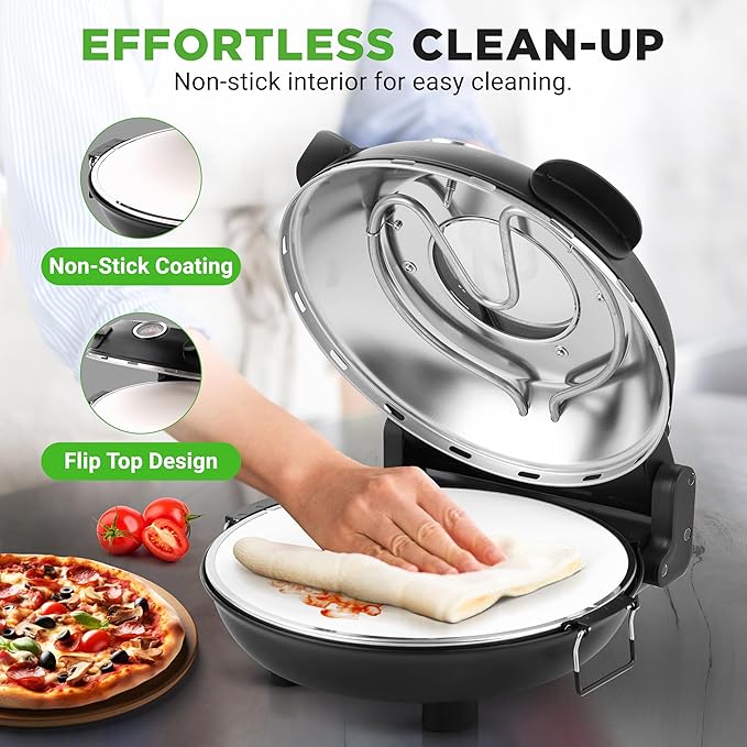 NutriChef Electric Pizza Oven | 1200W Countertop Pizza Maker with Temperature Control & Thermometer | Viewing Window for Precise Cooking | Heats up to 800˚F | Easy to Clean Non-Stick Coating (Black)