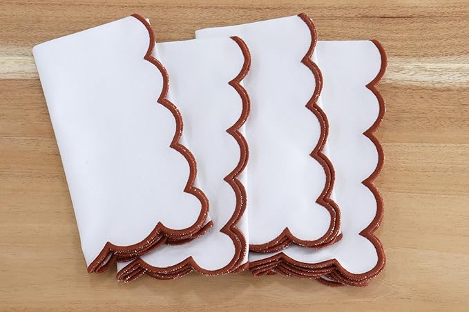 PurpleEssences Rust Scalloped Embroidery Cloth Napkins Christmas Holiday Winter Table Decor 100% Cotton Set of 4-18 x 18 inch - White - Edges - Rust