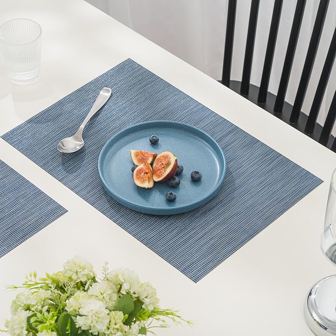 BACKTOEDEN Placemats Set of 6 Heat Resistant Washable Wipeable Placemat Woven Non-Slip Foldable Vinyl/Plastic Place Mats Indoor/Outdoor Mat Kitchen Dining Table Pad, Blue Silver Line