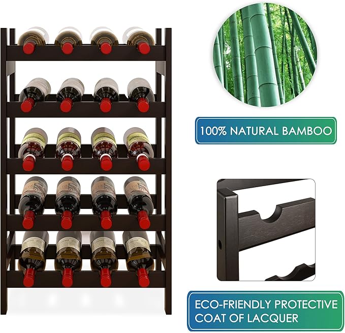 SMIBUY Bamboo Wine Rack, 20 Bottles Display Holder, 5-Tier Free Standing Storage Shelves for Kitchen, Pantry, Cellar, Bar (Dark Brown)