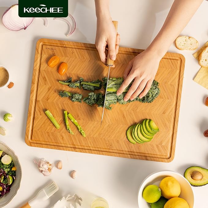 Atelier Collection Bamboo Cutting Board, Reversible Boards for Kitchen with Deep Juice Grooves and Handles, Large Wood Chopping Board for Cooking and Serving, Handcrafted Luxury Cutting Board