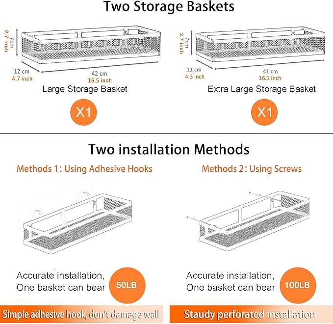 PUSDON Metal Wall Hanging Basket 2 Packs DIY Suitable for Multiple Scenes - Large Silver Grey Netting