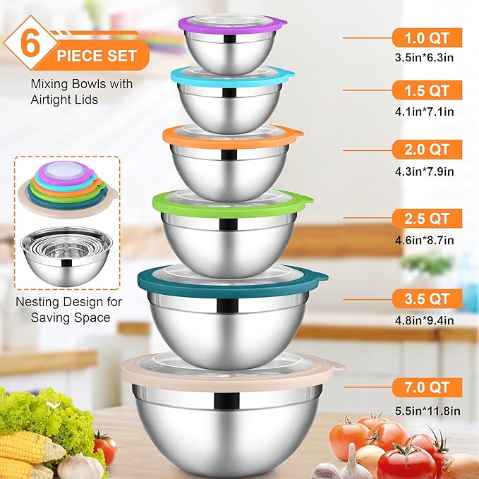 LIANYU Metal Mixing Bowls with Visible Lid Sets of 6, Large Size 7, 3.5, 2.5, 2, 1.5, 1QT, Stainless Steel Nesting Serving Bowl for Kitchen, Baking, Storage, Food Prepping, Cooking, Multi-Color