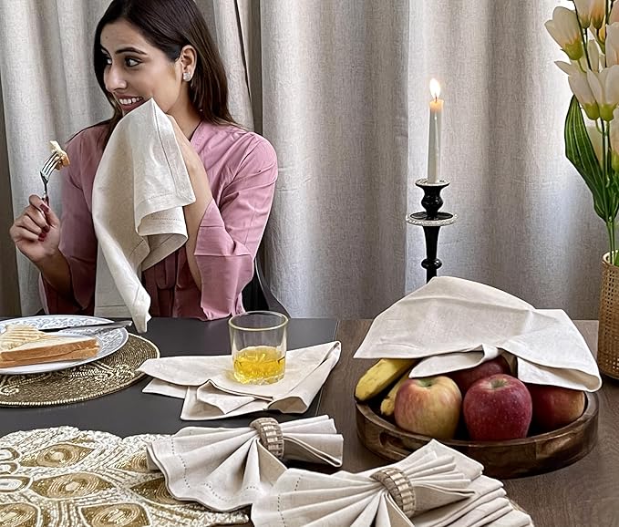 Bedding Craft Linen Flax Cotton Cloth Dinner Napkins Set of 12 – 18x18 Natural Fabric with Hemstitched Mitered Corners – Machine Washable Wedding, Cocktail & Party Table Napkins