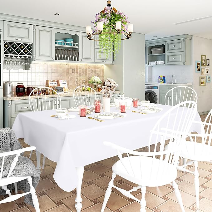 homing Rectangle Vinyl Tablecloth, Waterproof Spillproof Plastic Flannel Backed Table Cloth, Wipe Clean Table Cover for Dining, Buffet Parties and Camping (White, 52" x 70")