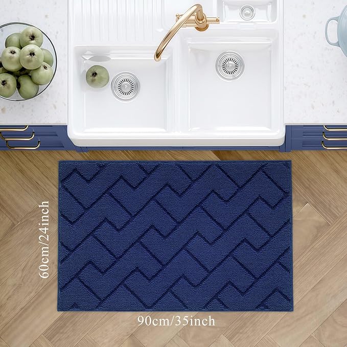 hicorfe Kitchen Rugs and Mats Sets,Super Absorbent Polypropylene Non-Slip Rug,Soft Comfort Floor Mat,Washable for Kitchen,Hallway,Office,Sink,Laundry(24" x 35",Navy Blue)