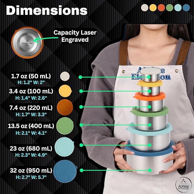 12 Pcs - 6 Stainless Steel Containers + 6 Silicone Lids | 304 Stainless Steel Snack Container | Nesting Snack and Dip Containers | Metal Food Storage