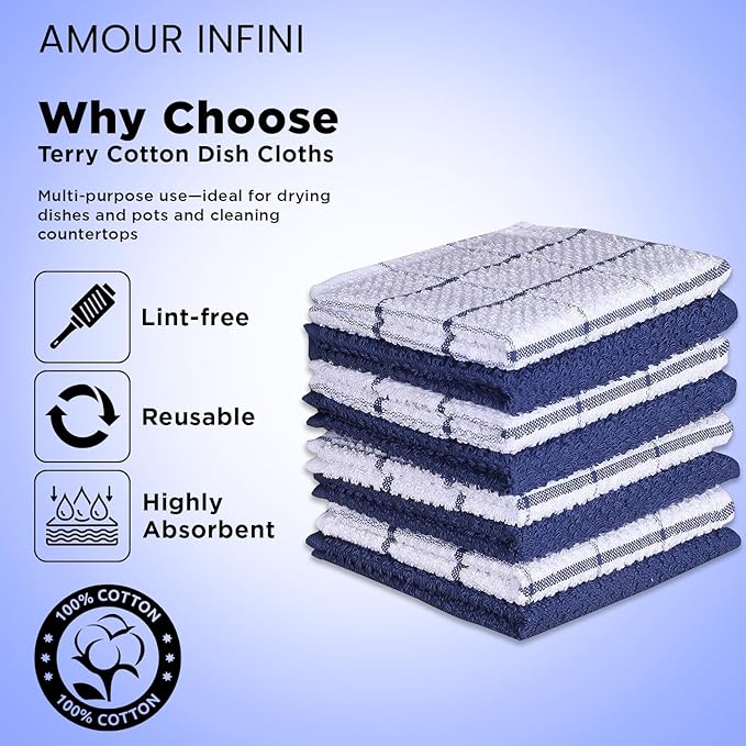 AMOUR INFINI Cotton Kitchen Dish Cloths Set of 8 – Highly Absorbent, Super Soft Premium Terry Cleaning Cloth (12"x12" Inch) Premium Dishcloths for Washing Dishes (Blue)
