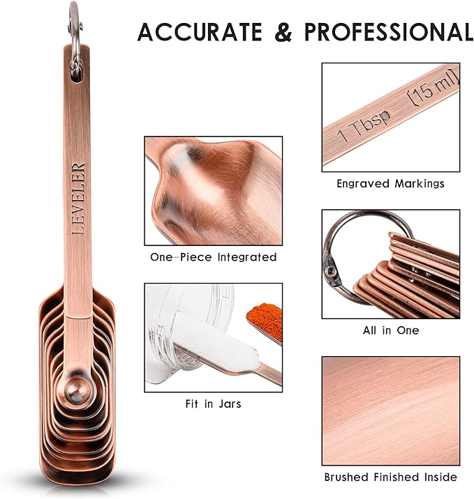 Measuring Cups and Spoons Set, Copper Plated Measuring Cups Spoons, Stainless Steel 7 Measuring cups and 9 Measuring Spoons 1 Leveler for Baking and Kitchen, Metal Copper Measure Cups&Spoons