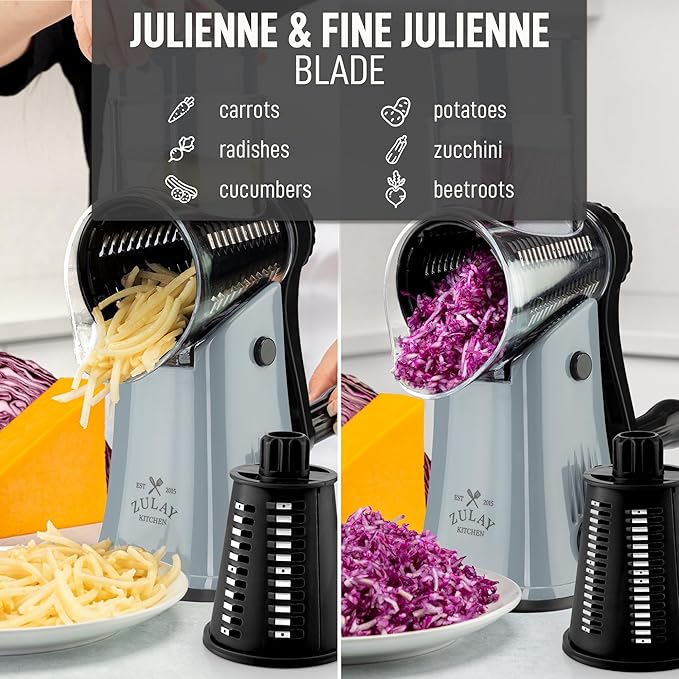 Zulay Kitchen Rotary Cheese Grater 5 Blade Cheese Shredder - Manual Hand Crank Cheese Grater With Reinforced Suction & 5 Interchangeable Drums - Easy to Use, Vegetable Chopper Round Mandoline Slicer