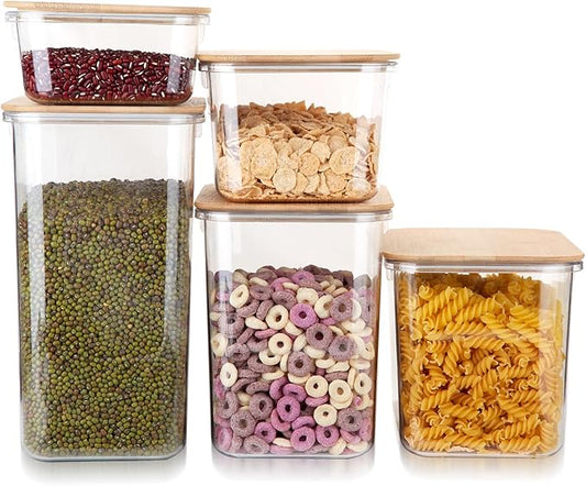 Large Capacity Plastic Food Storage Containers with Bamboo Lid - Moisture-proof Sealing Box Jars with Wooden Lids for Kitchen Storage (40 OZ+60 OZ+108 OZ- XS+S+M)