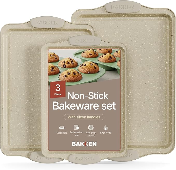 BAKKEN Cookie Sheets for Baking Nonstick Set - 3-Piece Stackable Carbon Steel Baking Sheet Pans Set with Silicone Handles, Non Toxic Cookie Sheets for Baking Bakeware Set - White Marble