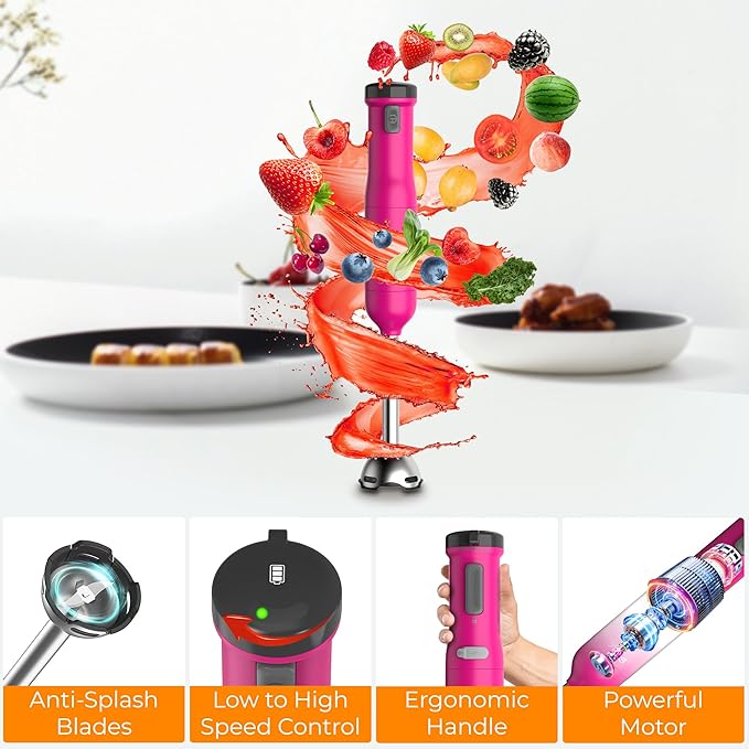 Rosewill 6-in-1 Multi-Speed Cordless Rechargeable Immersion Hand Blender, Heavy Duty Motor - Stick Blender, Beaker, Whisk, Chopper, Dual Beater, Milk Frother - For Smoothies, Baby Food, Soup (Rose)