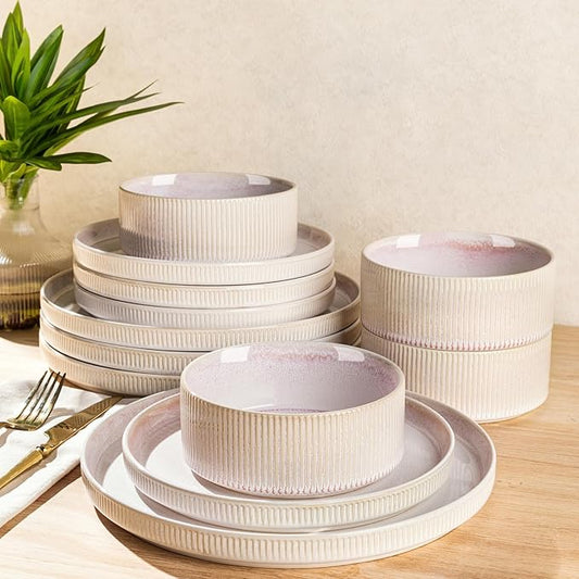 TheTerra Ceramic Dinnerware Sets for 4, 12 Pieces Porcelain Lightweight Speckled Plates and Bowls Sets, Scratch Resistant Dish Set, Oven & Microwave & Dishwasher Safe, Primrose Pink