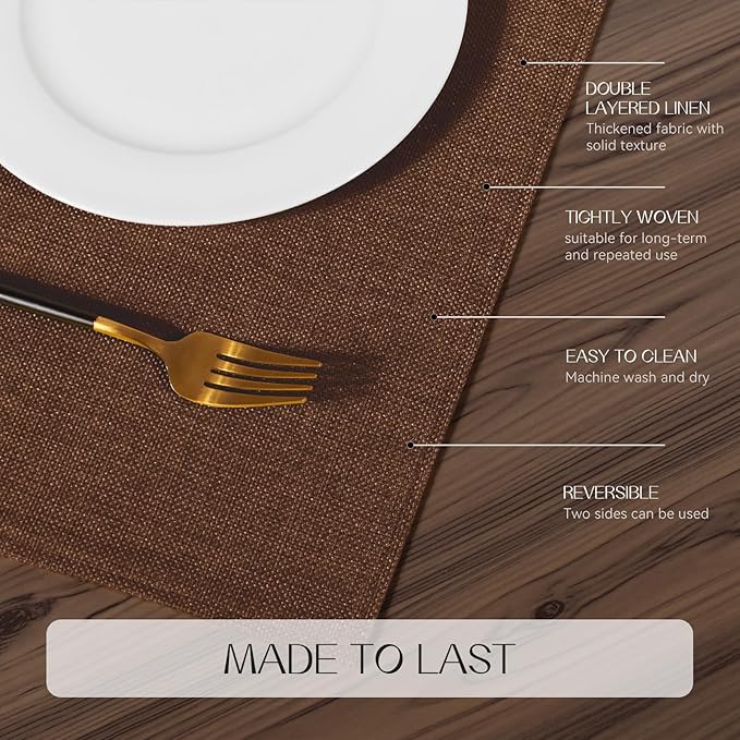 Romanstile Cloth Placemats Set of 6-12 x 18 Inch, Heat Resistant Double Layered Thickened Burlap Place Mats, Washable Linen Farmhouse Table Mats for Kitchen/Dining/Party/Outdoor, Dark Brown