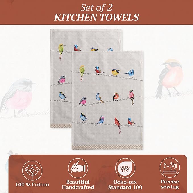 Maison d' Hermine Kitchen Towels Set of 2 100% Cotton 27.50" x 20" Reusable Cloth Tea Dish Towels Absorbent with Hanging Loop for Kitchen, Dining, Cocktail Parties Spring/Summer (Birdies on Wire)