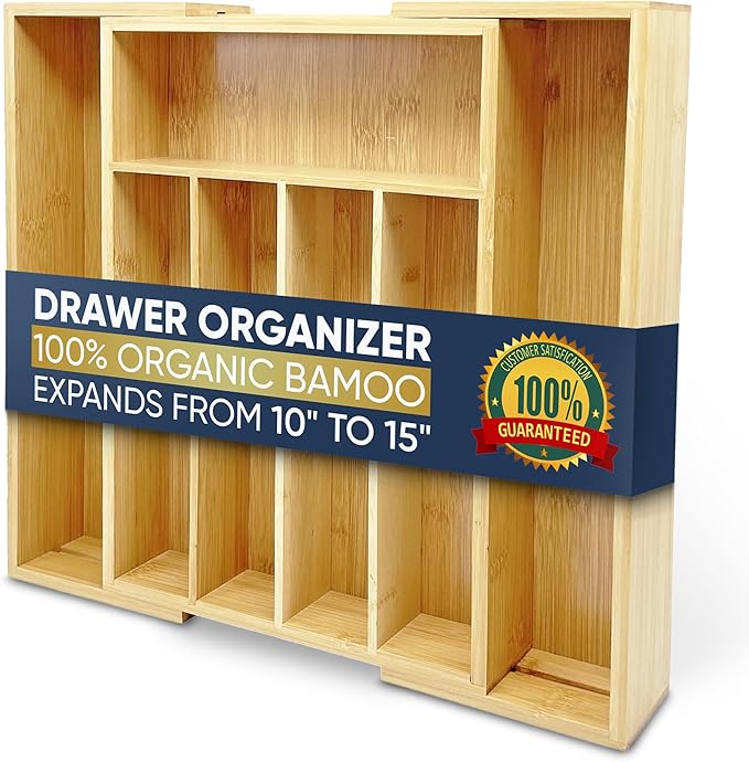 Expandable Bamboo Silverware Organizer Utensil Drawer Organizer Kitchen Utensil Organizer Cutlery Drawer Organizer 5-7 Slot Flatware Organizer For Drawers Gift Box 10-15 inch Length 14 Inch Height